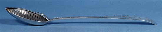 A George III Irish silver strainer spoon, by John Osborne, Length; 315mm Weight: 4.5oz/140 grms